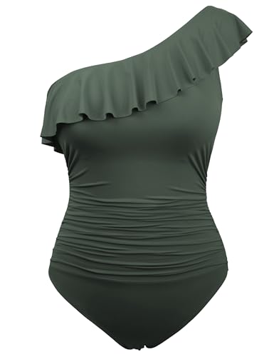 Hilor Women's Flattering One Piece Swimsuits Slimming One Shoulder Swimwear Flounce Bathing Suits Dark Army Green 16 - Image 1