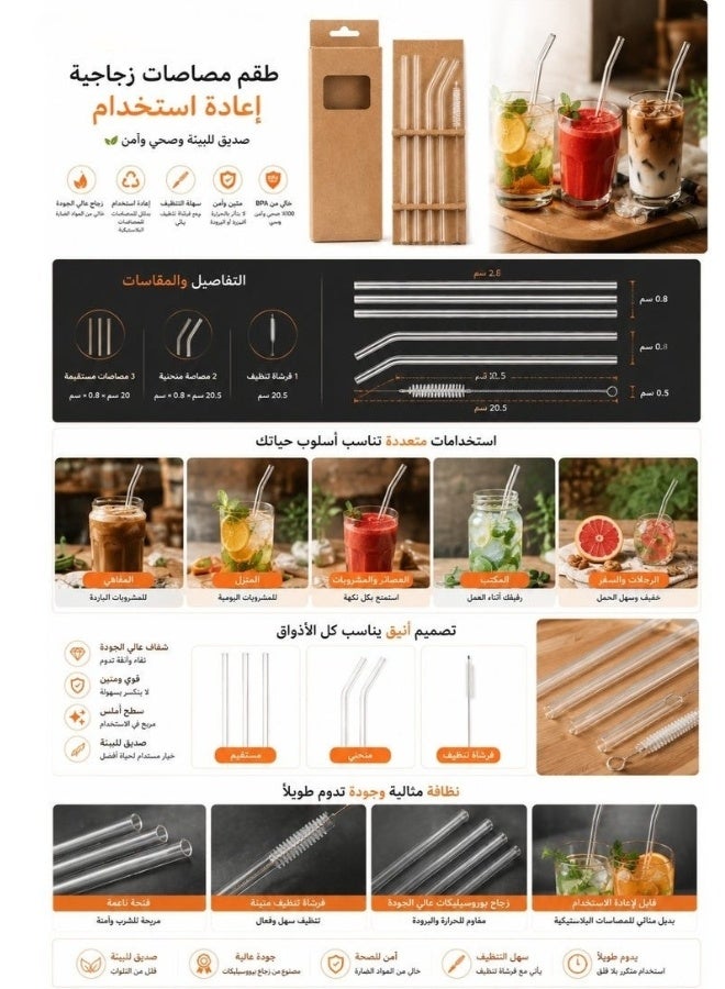 مجموعة شفاطات زجاجية شفافة قابلة لإعادة الاستخدام – 5 قطع (4 شفاطات + فرشاة تنظيف) – صديقة للبيئة وخالية من BPA – مثالية للعصائر والقهوة والمشروبات - Image 3