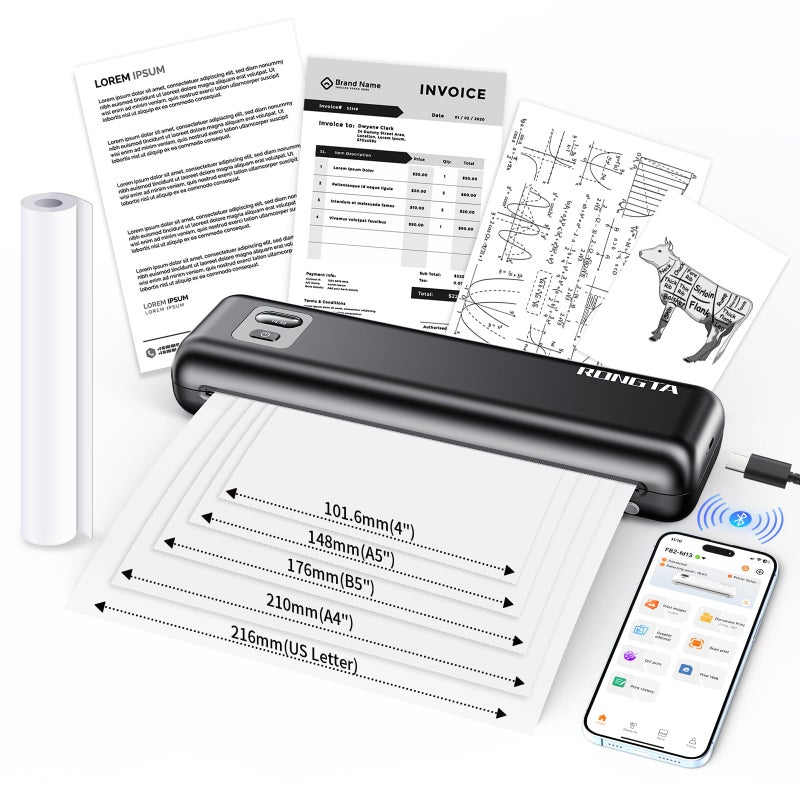 Rongta Portable Printer Wireless for Travel, Thermal Inkless Printers for 8.5"*11" US Letter, Compatible with Android iOS Smartphone, Mac Windows Laptop for Office, Home, Travel (Black) - Image 1