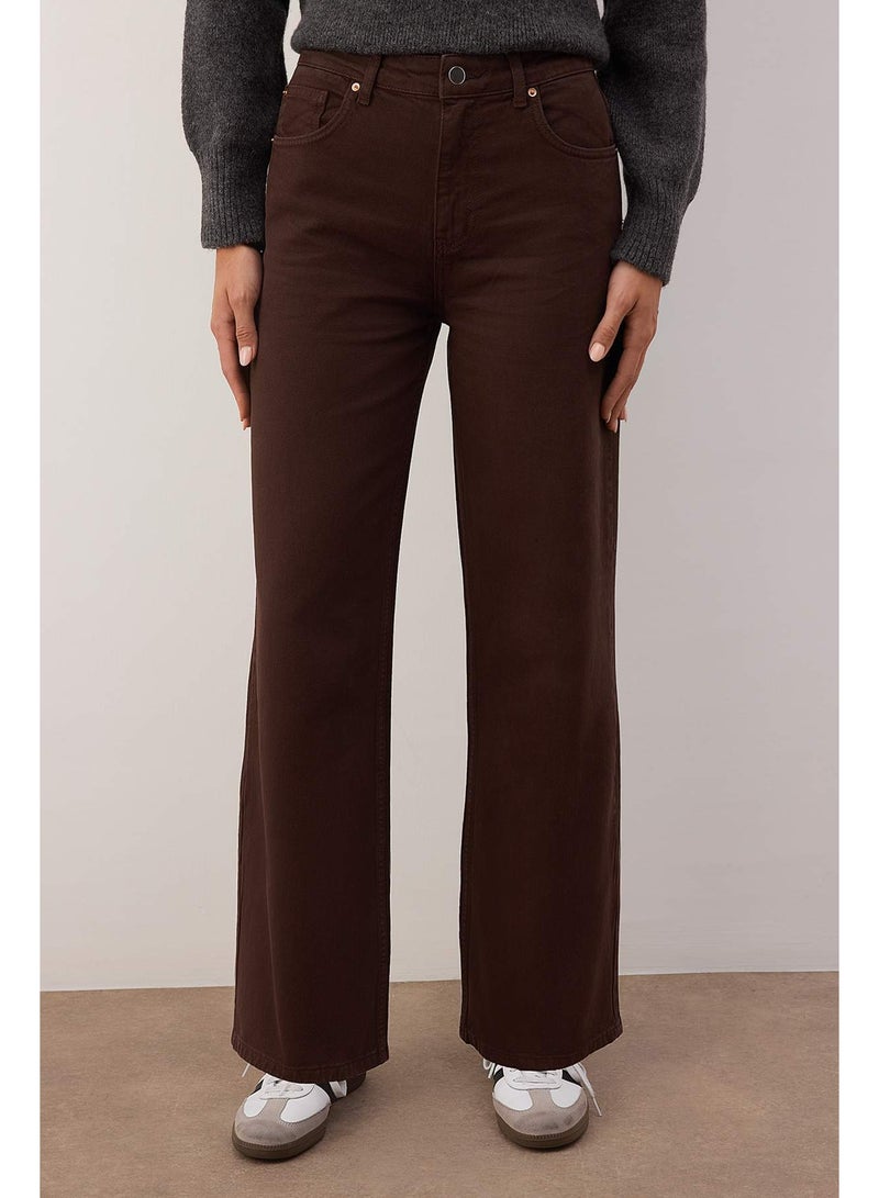 trendyol Dark Brown High Waist Ankle Length Culotte 100% Cotton Jeans Twoaw26Je00190 - Image 2