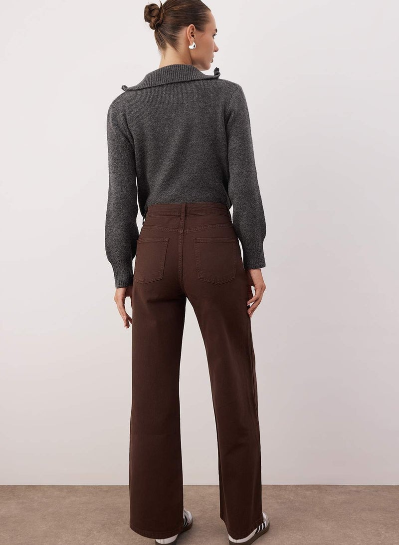 trendyol Dark Brown High Waist Ankle Length Culotte 100% Cotton Jeans Twoaw26Je00190 - Image 1