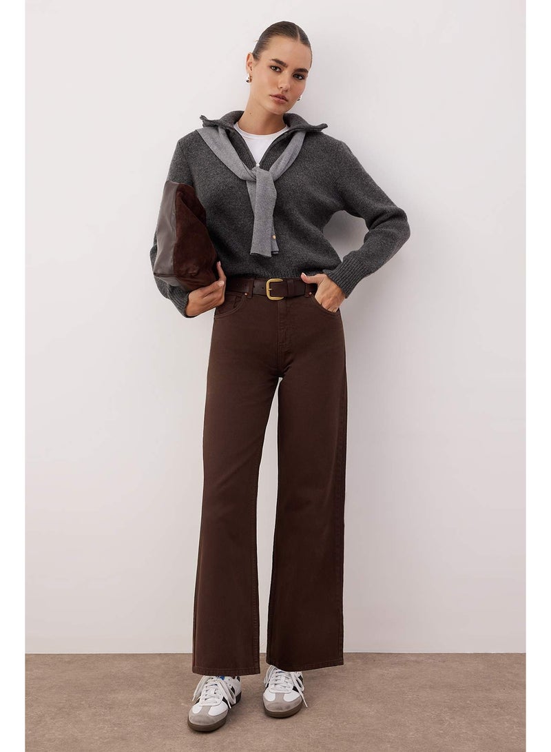 trendyol Dark Brown High Waist Ankle Length Culotte 100% Cotton Jeans Twoaw26Je00190 - Image 4