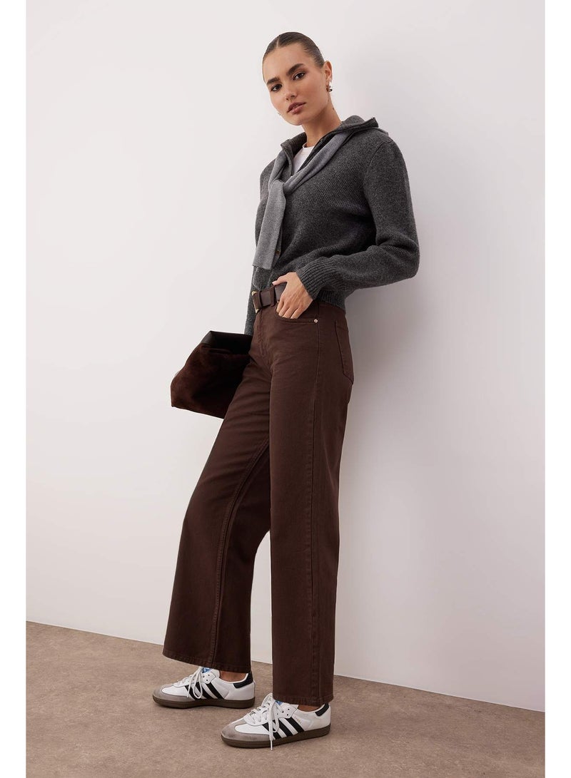 trendyol Dark Brown High Waist Ankle Length Culotte 100% Cotton Jeans Twoaw26Je00190 - Image 3