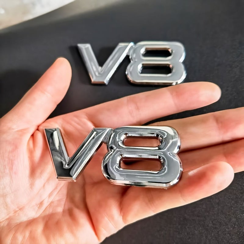2 × شعار سباق V8 شعار ميدالية عالية اللمعان من سبيكة معدنية ملصق سيارة خارجي عالمي التوافق لاصق ذاتي مقاوم للعوامل الجوية فضي - Image 4