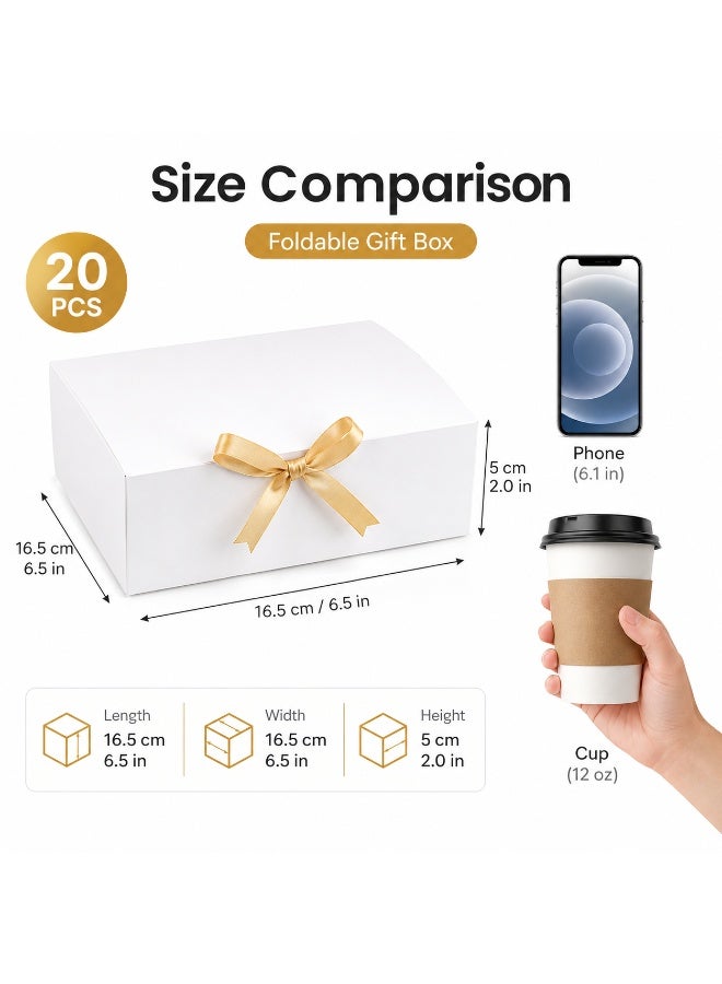 20 Pcs Foldable Gold Satin Bow Decorated White Cardboard Gift Boxes Collapsible Present Storage Boxes for Ramadan Eid Wedding Birthday Party Gift Packaging 16.5x16.5x5cm - Image 2