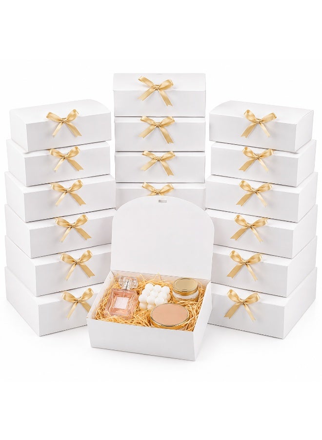 20 Pcs Foldable Gold Satin Bow Decorated White Cardboard Gift Boxes Collapsible Present Storage Boxes for Ramadan Eid Wedding Birthday Party Gift Packaging 16.5x16.5x5cm - Image 1