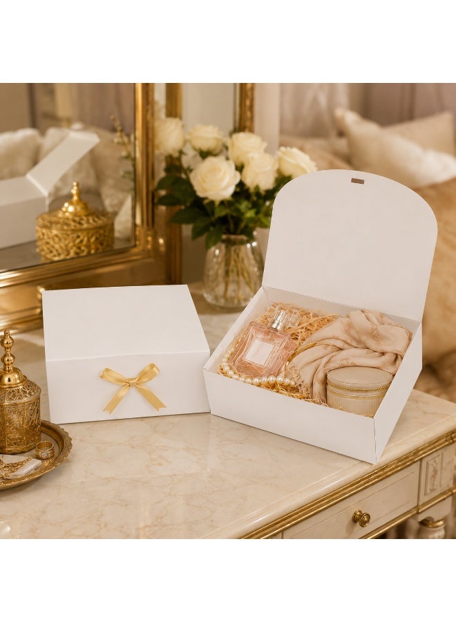 20 Pcs Foldable Gold Satin Bow Decorated White Cardboard Gift Boxes Collapsible Present Storage Boxes for Ramadan Eid Wedding Birthday Party Gift Packaging 16.5x16.5x5cm - Image 3