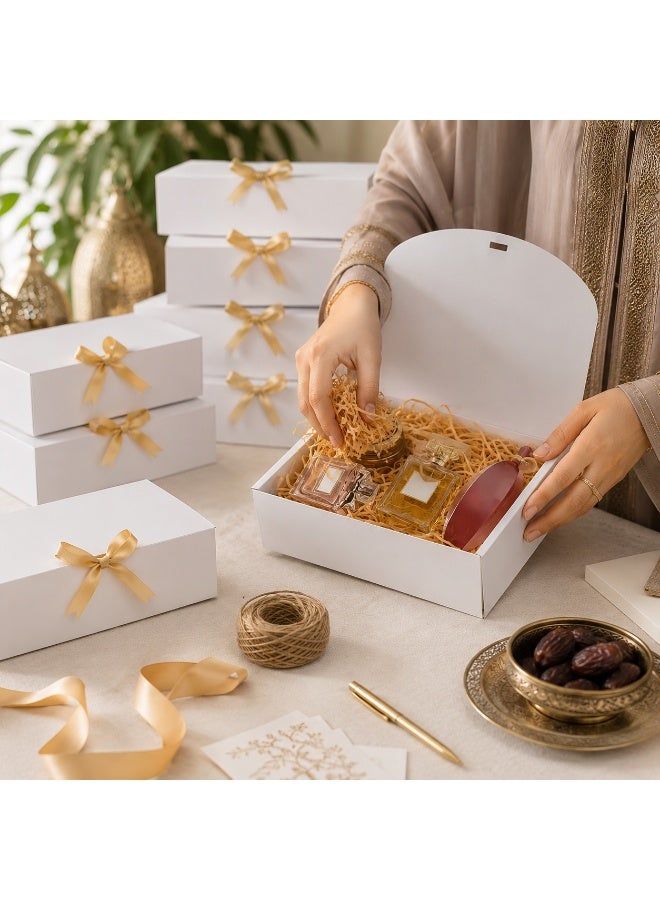 20 Pcs Foldable Gold Satin Bow Decorated White Cardboard Gift Boxes Collapsible Present Storage Boxes for Ramadan Eid Wedding Birthday Party Gift Packaging 16.5x16.5x5cm - Image 5