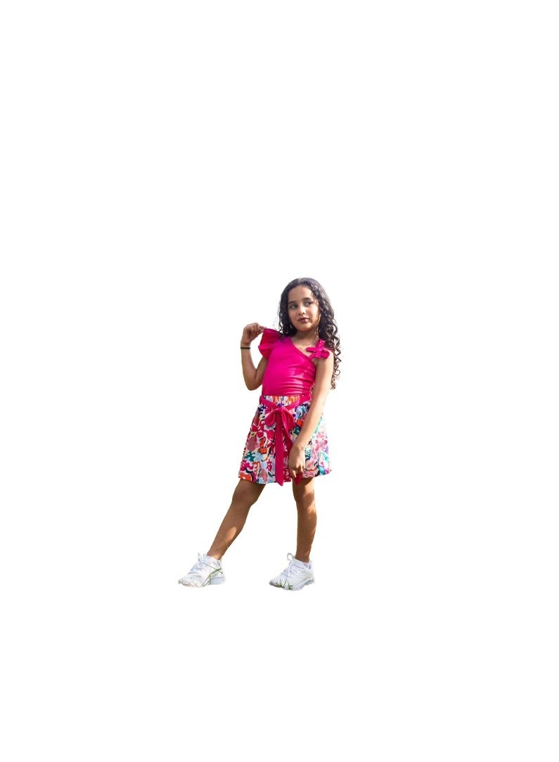 Girls 3-piece set: fuchsia T-shirt, floral pocket, and belt  - Image 2