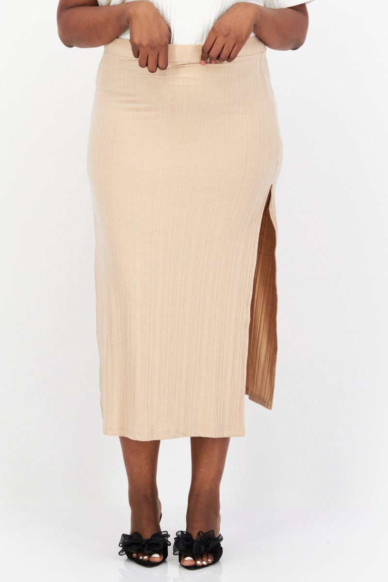 NA-KD Women Slit Ribbed Midi Skirt, Beige - Image 1