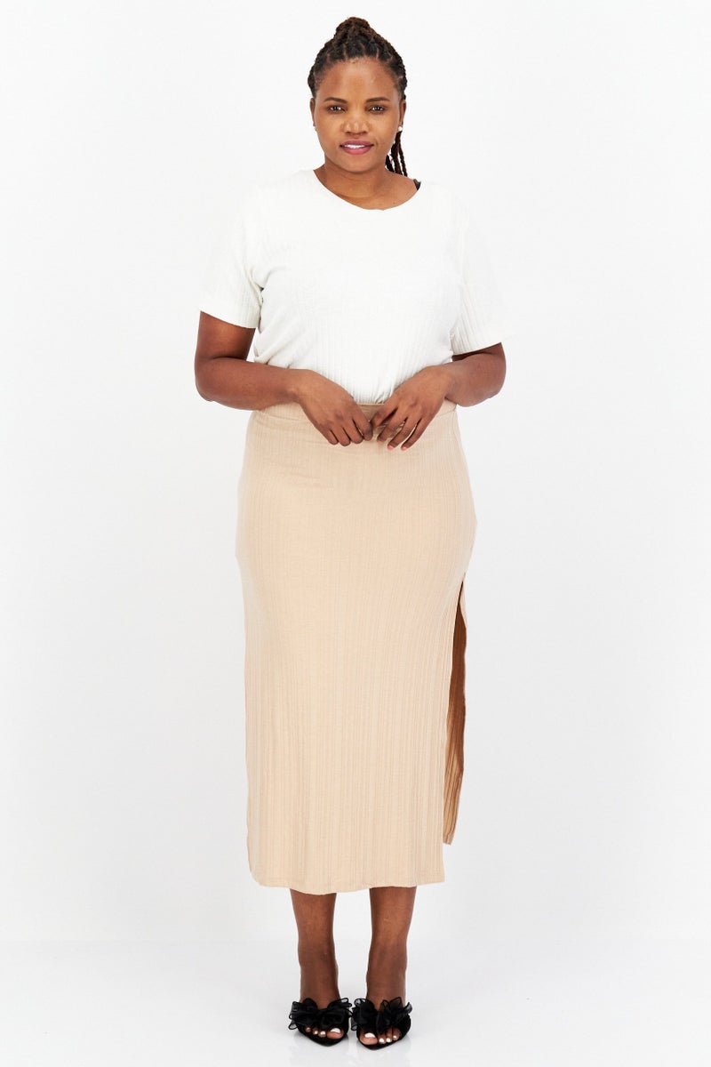 NA-KD Women Slit Ribbed Midi Skirt, Beige - Image 2
