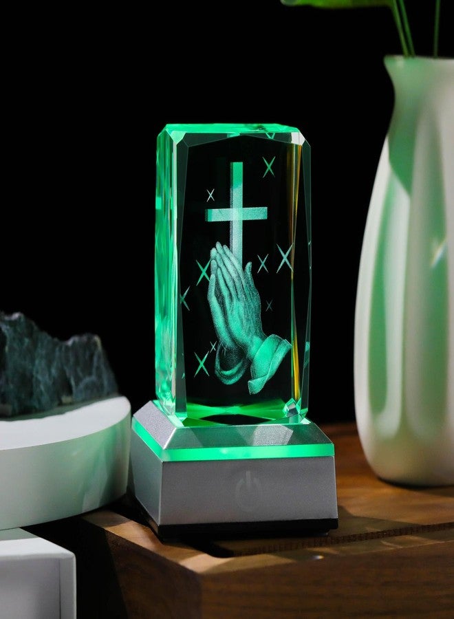 YWHL 3D Crystal Cross Figurine with Colorful Light Base, Laser Engrave Praying Hands Religious Gifts for Women Man, Christian Gifts for Friend - Image 4