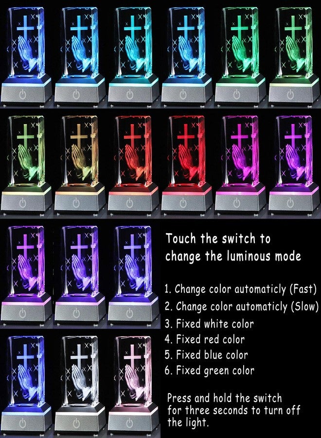YWHL 3D Crystal Cross Figurine with Colorful Light Base, Laser Engrave Praying Hands Religious Gifts for Women Man, Christian Gifts for Friend - Image 3