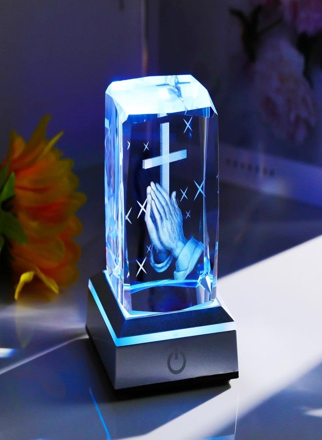 YWHL 3D Crystal Cross Figurine with Colorful Light Base, Laser Engrave Praying Hands Religious Gifts for Women Man, Christian Gifts for Friend - Image 2