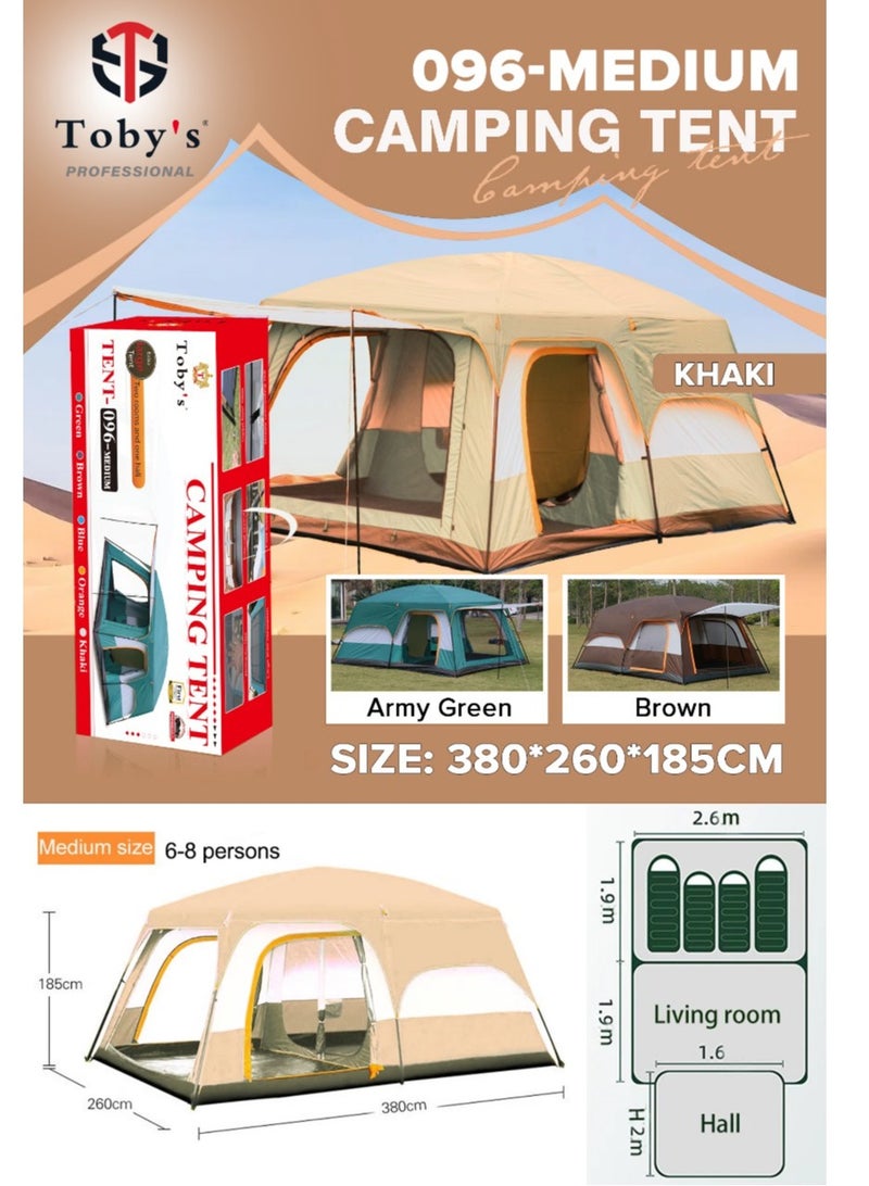 6–8 Person Double Layer Outdoor Camping Tent | Family Cabin Tent with Two Bedrooms & Living Room | Waterproof Large Tent for Hiking & Travel – Khaki
