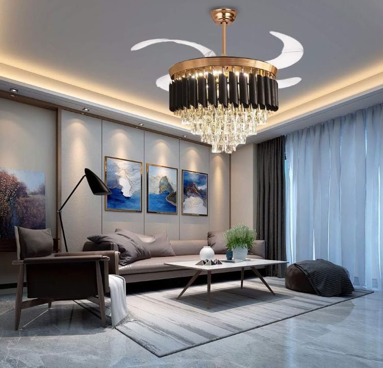 The Crafted Gesture The Crafted Gesture 42Inch Black Retractable Ceiling Fan Light LED Luxury Crystal Ceiling Fan Chandelier with 3 Color Settings Dual Control Remote Warm White Black  - Image 3