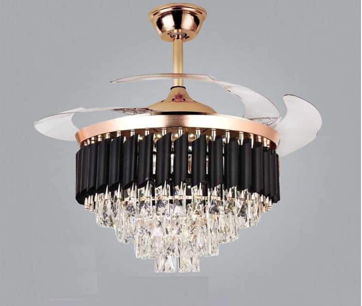 The Crafted Gesture The Crafted Gesture 42Inch Black Retractable Ceiling Fan Light LED Luxury Crystal Ceiling Fan Chandelier with 3 Color Settings Dual Control Remote Warm White Black  - Image 2