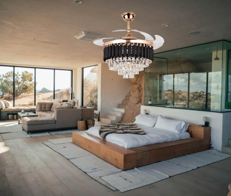 The Crafted Gesture The Crafted Gesture 42Inch Black Retractable Ceiling Fan Light LED Luxury Crystal Ceiling Fan Chandelier with 3 Color Settings Dual Control Remote Warm White Black  - Image 4