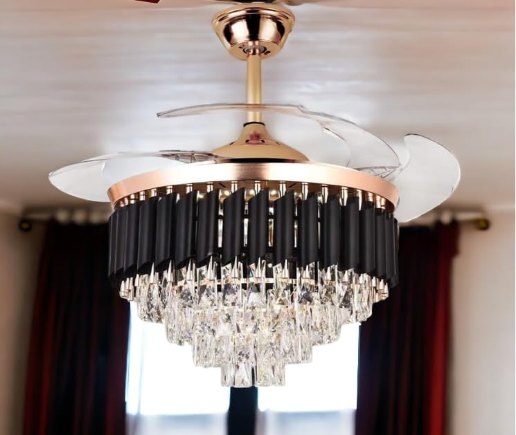 The Crafted Gesture The Crafted Gesture 42Inch Black Retractable Ceiling Fan Light LED Luxury Crystal Ceiling Fan Chandelier with 3 Color Settings Dual Control Remote Warm White Black  - Image 1