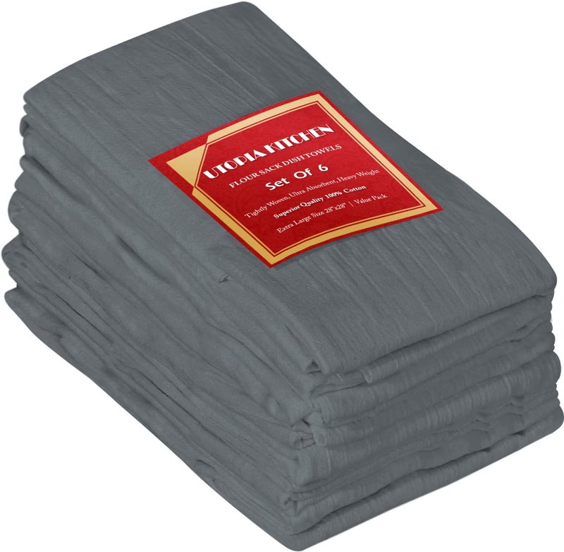 Utopia Kitchen Light Grey Flour Sack Towels 6 Pack  28 x 28 Inch 100 Cotton Tea Towels for Cleaning  Drying  Highly Absorbent Kitchen Dish Cloth