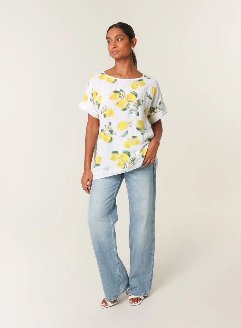 Blue Vanilla Linen Front Lemon Print Top With Sequin