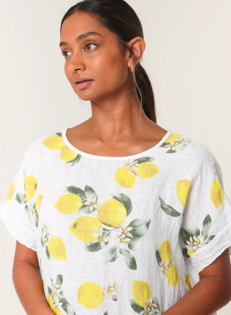 Blue Vanilla Linen Front Lemon Print Top With Sequin