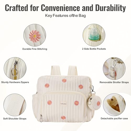 GOBABYMART Diaper Bag Backpack Medium Maternity baby bag Changing Pad Insulated Pockets Stroller Straps Pacifier Case Medium Beige Flowers - Image 3