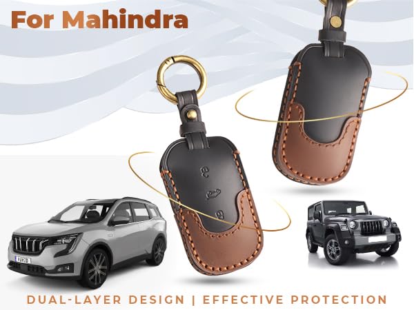 Keyzone Dual Leather Key Cover for Thar, Scorpio, Bolero, XUV700, XUV400, XUV300, TUV300, Marazzo 3 Button flip Key (Push Button Start Models only) (Black-Brown) - Image 5