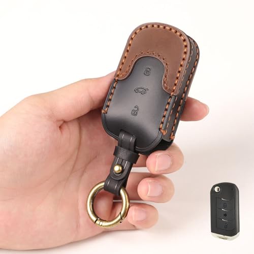 Keyzone Dual Leather Key Cover for Thar, Scorpio, Bolero, XUV700, XUV400, XUV300, TUV300, Marazzo 3 Button flip Key (Push Button Start Models only) (Black-Brown) - Image 1