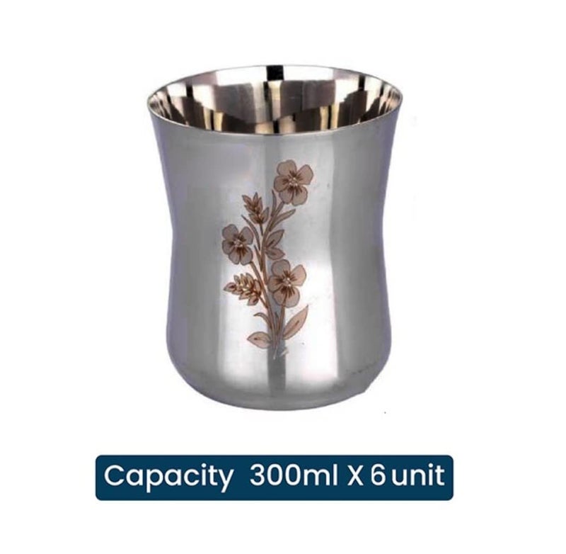 KC Stainless Steel Water Glasses Damru Design with Laser Flower Design | Capacity: 350 ML | Set of 6 Glasses - Image 4