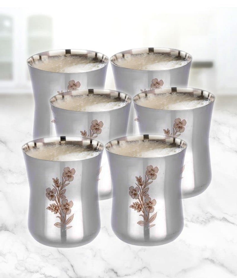 KC Stainless Steel Water Glasses Damru Design with Laser Flower Design | Capacity: 350 ML | Set of 6 Glasses - Image 3