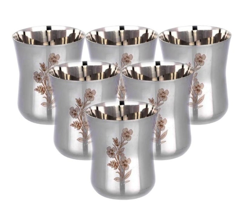 KC Stainless Steel Water Glasses Damru Design with Laser Flower Design | Capacity: 350 ML | Set of 6 Glasses - Image 5