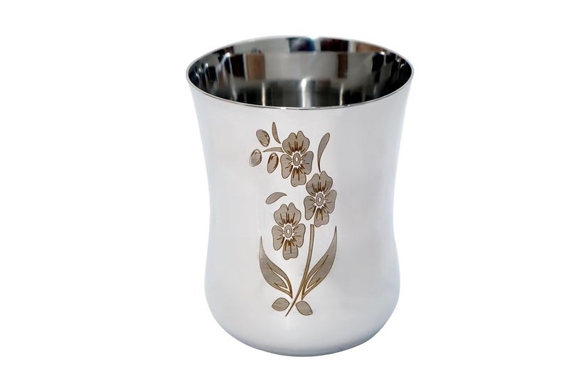 KC Stainless Steel Water Glasses Damru Design with Laser Flower Design | Capacity: 350 ML | Set of 6 Glasses - Image 2