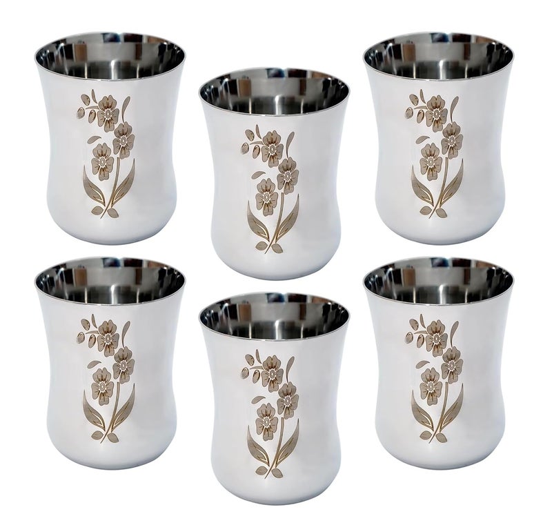 KC Stainless Steel Water Glasses Damru Design with Laser Flower Design | Capacity: 350 ML | Set of 6 Glasses - Image 1