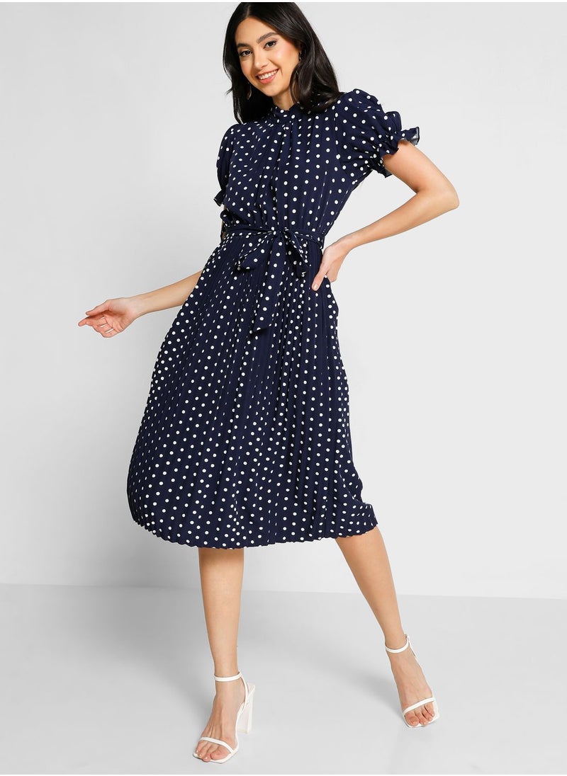 ELLA - High Neck Pleat Detail Fit & Flare Dress - Image 1
