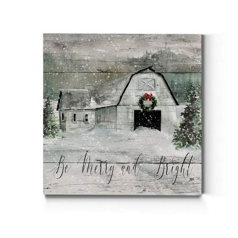 Renditions Gallery Be Merry and Bright Wall Art  Cute Christmas & Winter Artwork  Festive Barn  Faux Wood Look  Premium Gallery Wrapped Canvas Decor  Ready to Hang  10 in H x 10 in W  Made in America (WC25-42422-1010) - Image 1