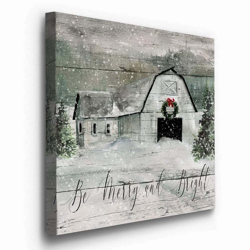 Renditions Gallery Be Merry and Bright Wall Art  Cute Christmas & Winter Artwork  Festive Barn  Faux Wood Look  Premium Gallery Wrapped Canvas Decor  Ready to Hang  10 in H x 10 in W  Made in America (WC25-42422-1010) - Image 3