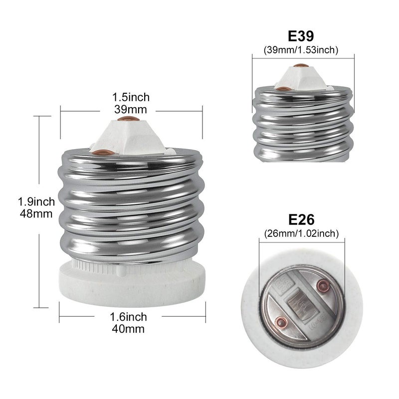 DiCUNO E39 to E26 Socket Converter, Ceramic Mogul E39 to Standard Medium E26 Light Bulb Adapter, Maximum 660W and 200℃ Heat-Resistant, UL-Listed Mogul Base Adapter, Porcelain Socket Reducer, 2-Pack - Image 4