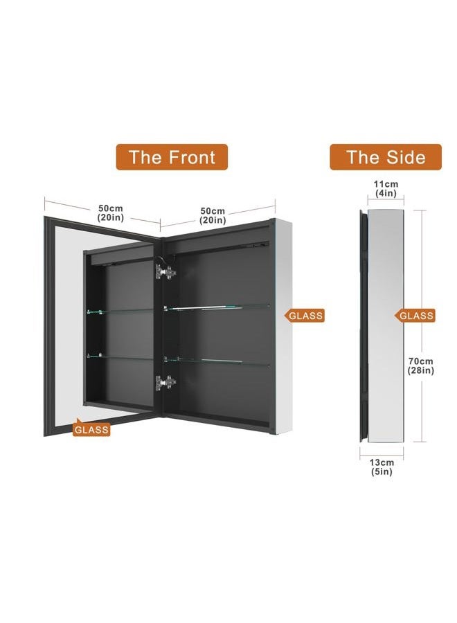 GANPE LED Lighted Bathroom Medicine Mirror Cabinet, Anti-Fog 3-Color Mode Dimmable Storage Shelves, Outlets & USBs (50 x 70 cm) - Image 2