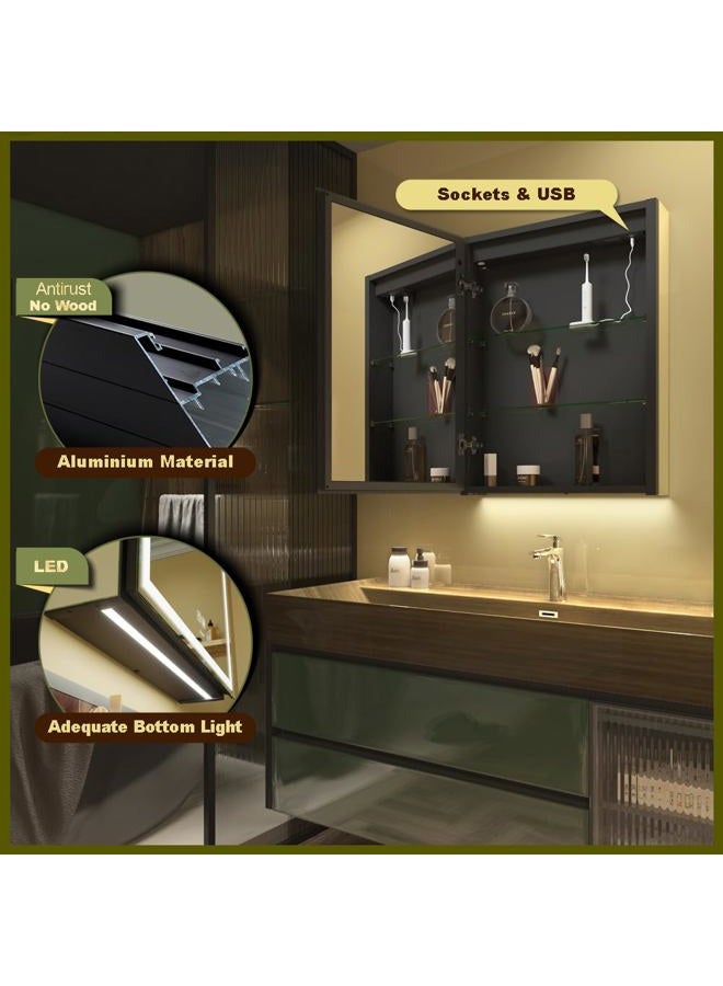 GANPE LED Lighted Bathroom Medicine Mirror Cabinet, Anti-Fog 3-Color Mode Dimmable Storage Shelves, Outlets & USBs (50 x 70 cm) - Image 5