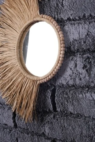 BH Bohem Handmade BH Bohemian Handmade Bohemian Handmade Decorative Mirror Fan Raffia Mirror Beaded Wall Ornament YEL0001