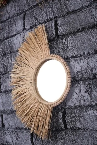 BH Bohem Handmade BH Bohemian Handmade Bohemian Handmade Decorative Mirror Fan Raffia Mirror Beaded Wall Ornament YEL0001