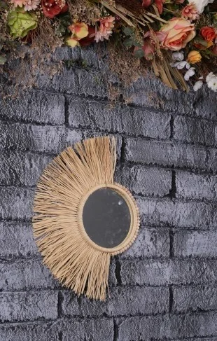 BH Bohem Handmade BH Bohemian Handmade Bohemian Handmade Decorative Mirror Fan Raffia Mirror Beaded Wall Ornament YEL0001