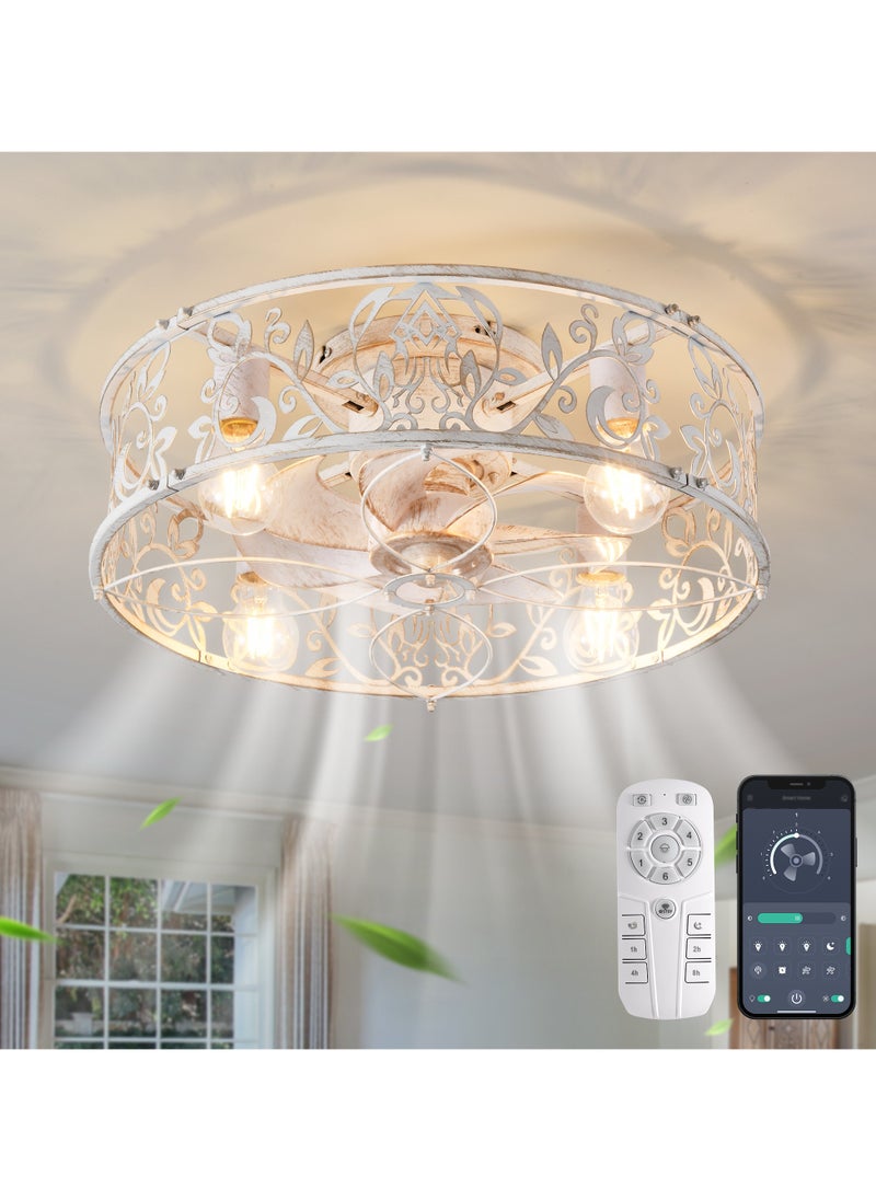 Ganeed Caged Ceiling Fan with Light,51cm Flush Mount Ceiling Fan with Remote,Bladeless Fandelier Ceiling Fans with Lights,Small Low Profile Ceiling Fan for Bedroom,Kitchen,Dining Room,White Gold Color  - Image 1