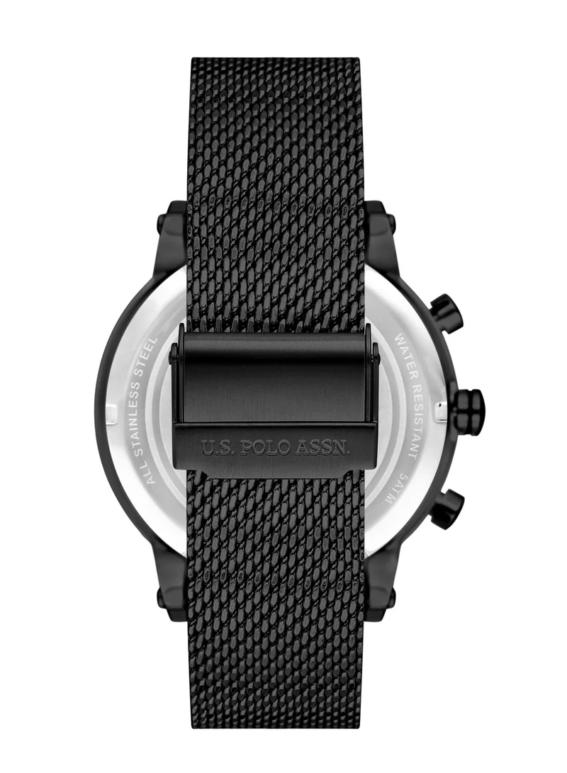 U.S. Polo Assn. USPA Analog Watch For Men With Black Dial And Black Stainless Steel Mesh Band 46 MM- 5 Atm Water Resistance - USPA1008-03