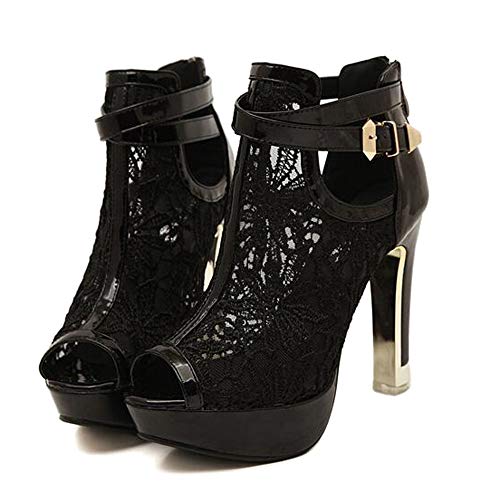 getmorebeauty Women's Pretty Lace Flowers Open Toes High Heels Ankle Boots (US 9, Black) - Image 1