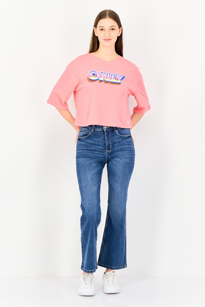 ONLY Women Crew Neck Short Sleeve Brand Logo T-Shirt, Pink - Image 3