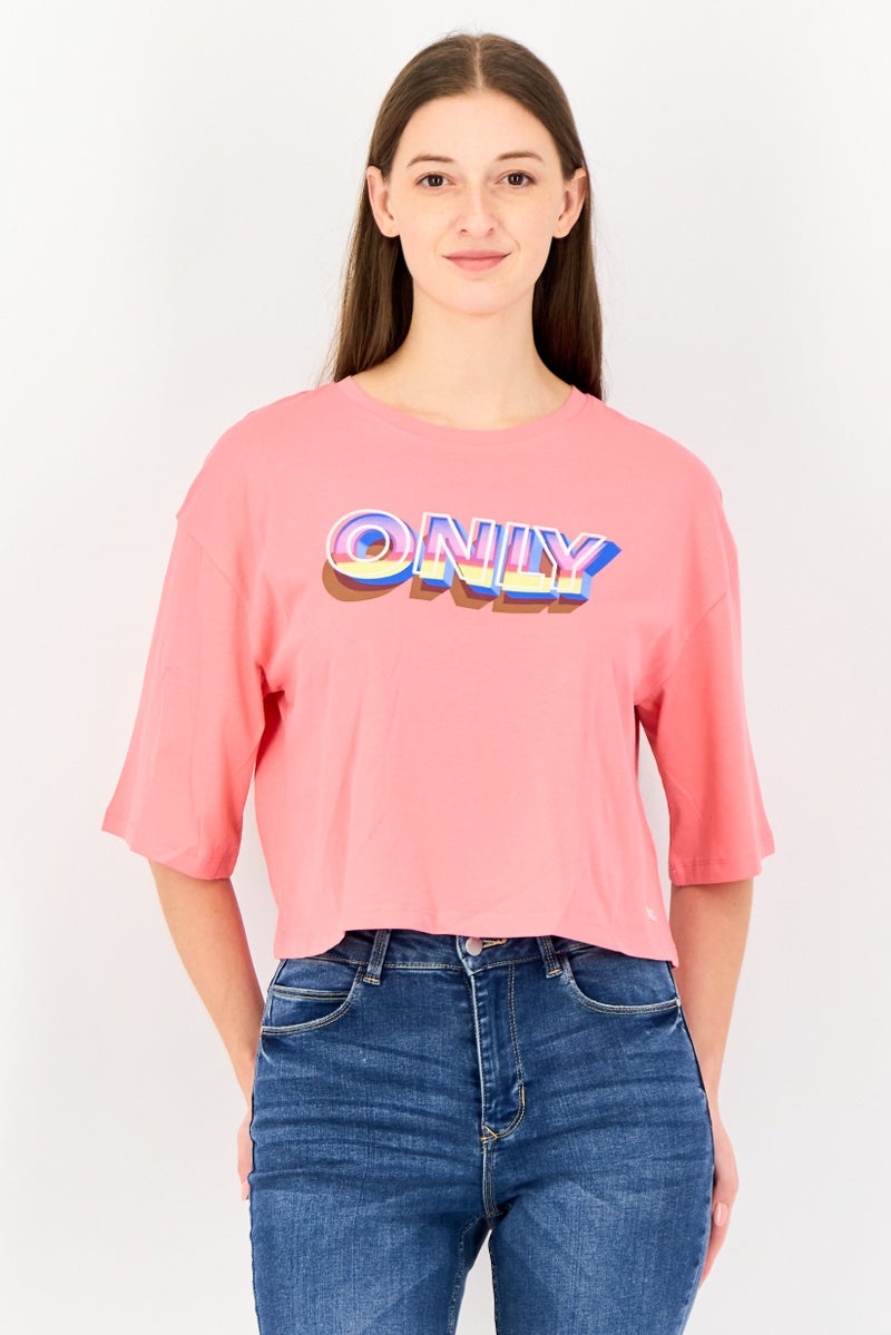 ONLY Women Crew Neck Short Sleeve Brand Logo T-Shirt, Pink - Image 1