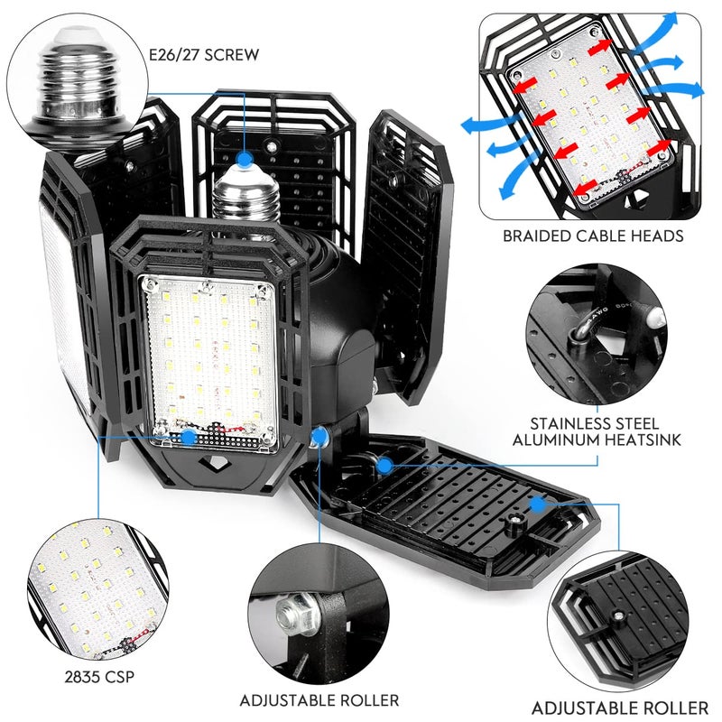 Luyata 2 Pack LED Garage Lights 180W Deformable 18000LM Close to Ceiling Light Fixtures E26 E27 Screw-in Six Leaf Glow Lighting, Ultra Bright LED Shop Light with 6 Adjustable Panels for Work Shop Warehouse - Image 3