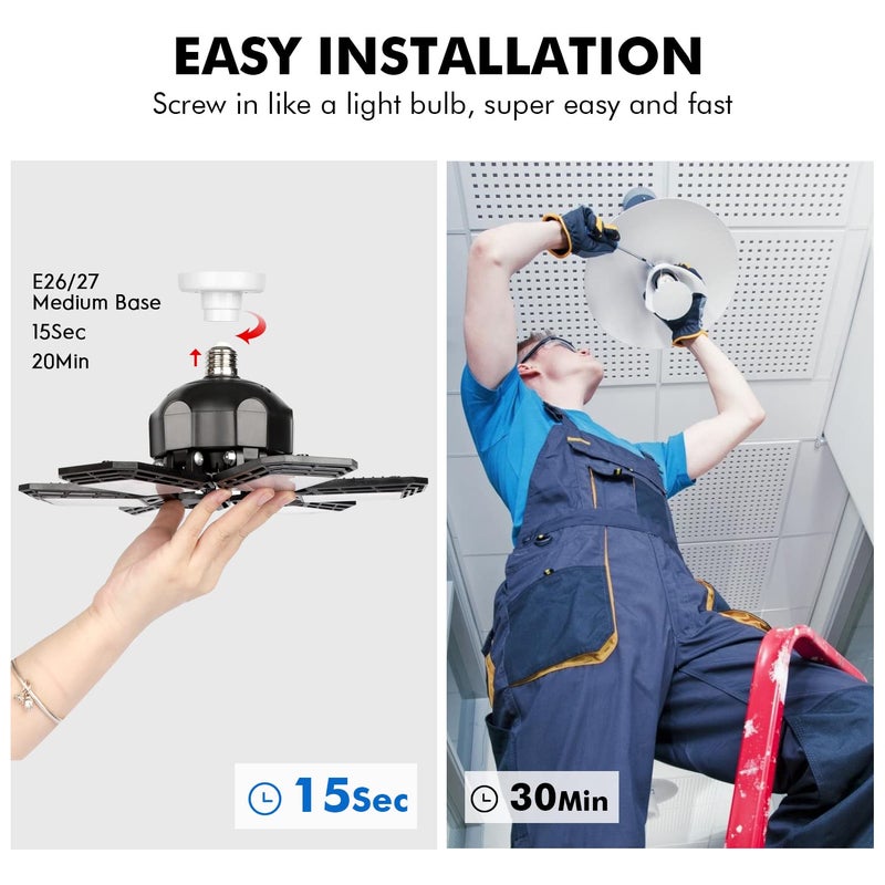 Luyata 2 Pack LED Garage Lights 180W Deformable 18000LM Close to Ceiling Light Fixtures E26 E27 Screw-in Six Leaf Glow Lighting, Ultra Bright LED Shop Light with 6 Adjustable Panels for Work Shop Warehouse - Image 5